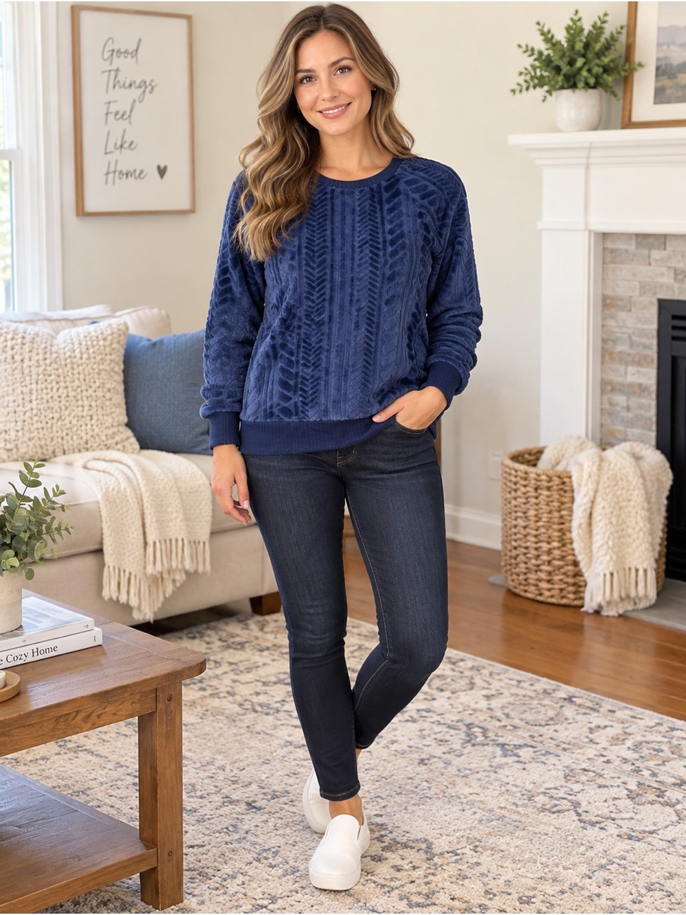 Cuddl Duds Small Navy Embossed Plush Fleece Pullover Cozy Sweater   Comfy casual